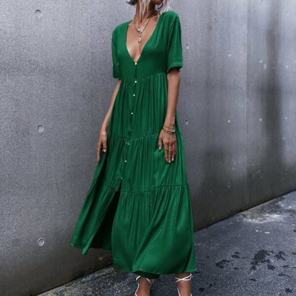 BOHO BABE GREEN V-neck Ruffle Hem Maxi Dress - Picture 5 of 8